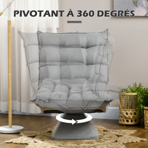 Fauteuil relax grand confort pivotant inclinaison réglable 5 niv. épais garnissage mousse haute densité tissu velours microfibre gris clair