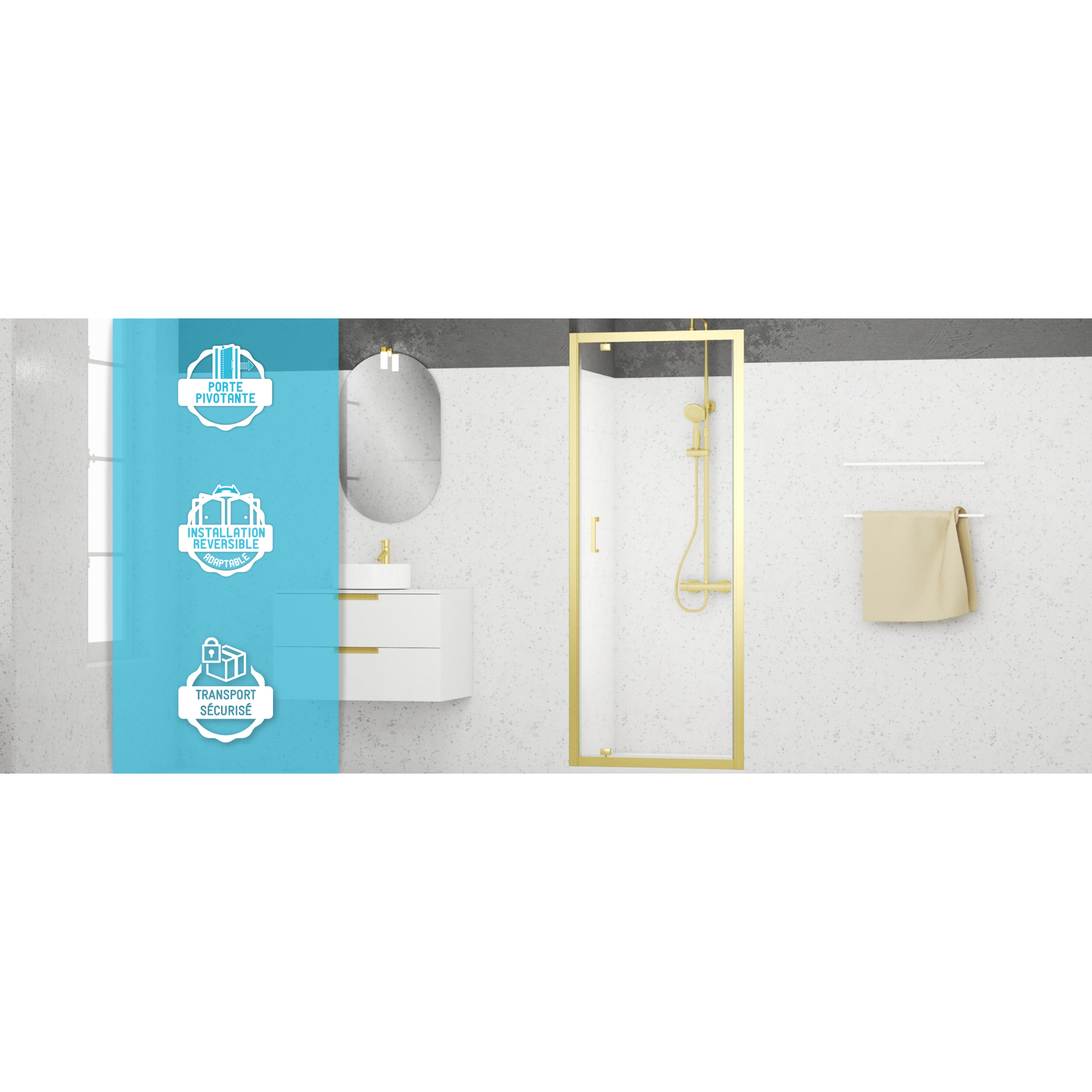 Porte de douche Pivotante 80x200cm - Profilés Or Doré Brossé - Verre Trempé 6mm - GOLDY CRUSH