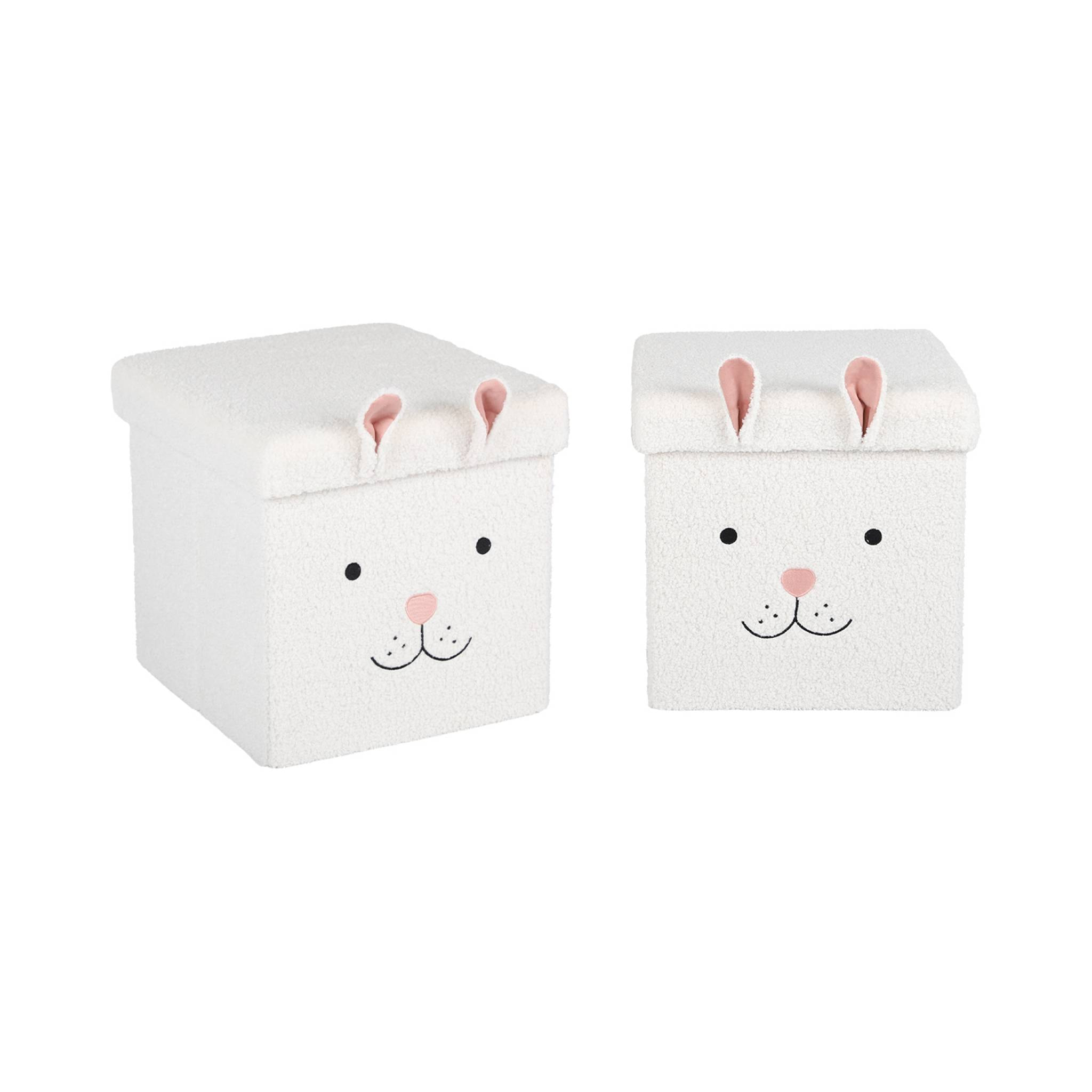 Lot de 2 tabourets-coffre pliables en bouclette forme de lapin pour enfant