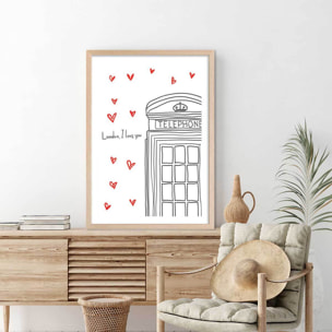 Affiche london i love you telephone boxes Affiche + cadre en bois - Chêne