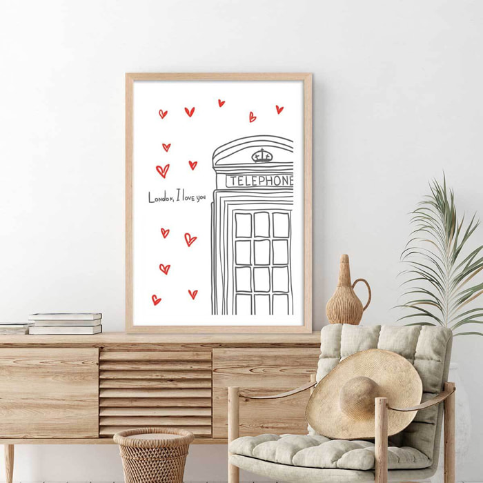 Affiche london i love you telephone boxes Affiche + cadre en bois - Chêne
