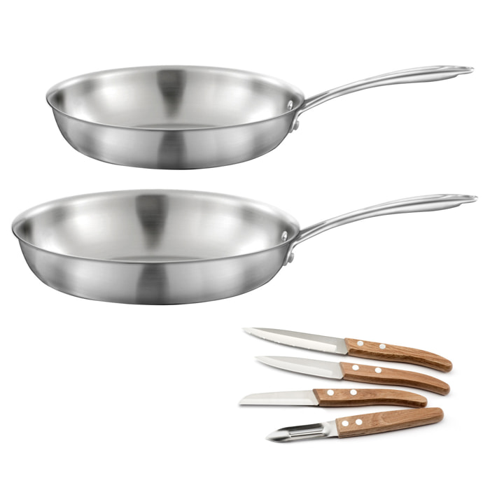 Gourmet - Lote de 2 sartenes de acero inoxidable 24 y 28 cm, 1 estuche con 4 cuchillos de cocina