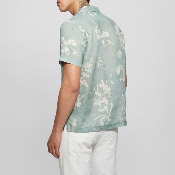 Chemise Island - coupe slim - 100% lin - motif fleuri - vert d'eau et blanc