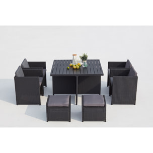Table et chaises 8 places encastrables alu et résin noir-gris ABASA