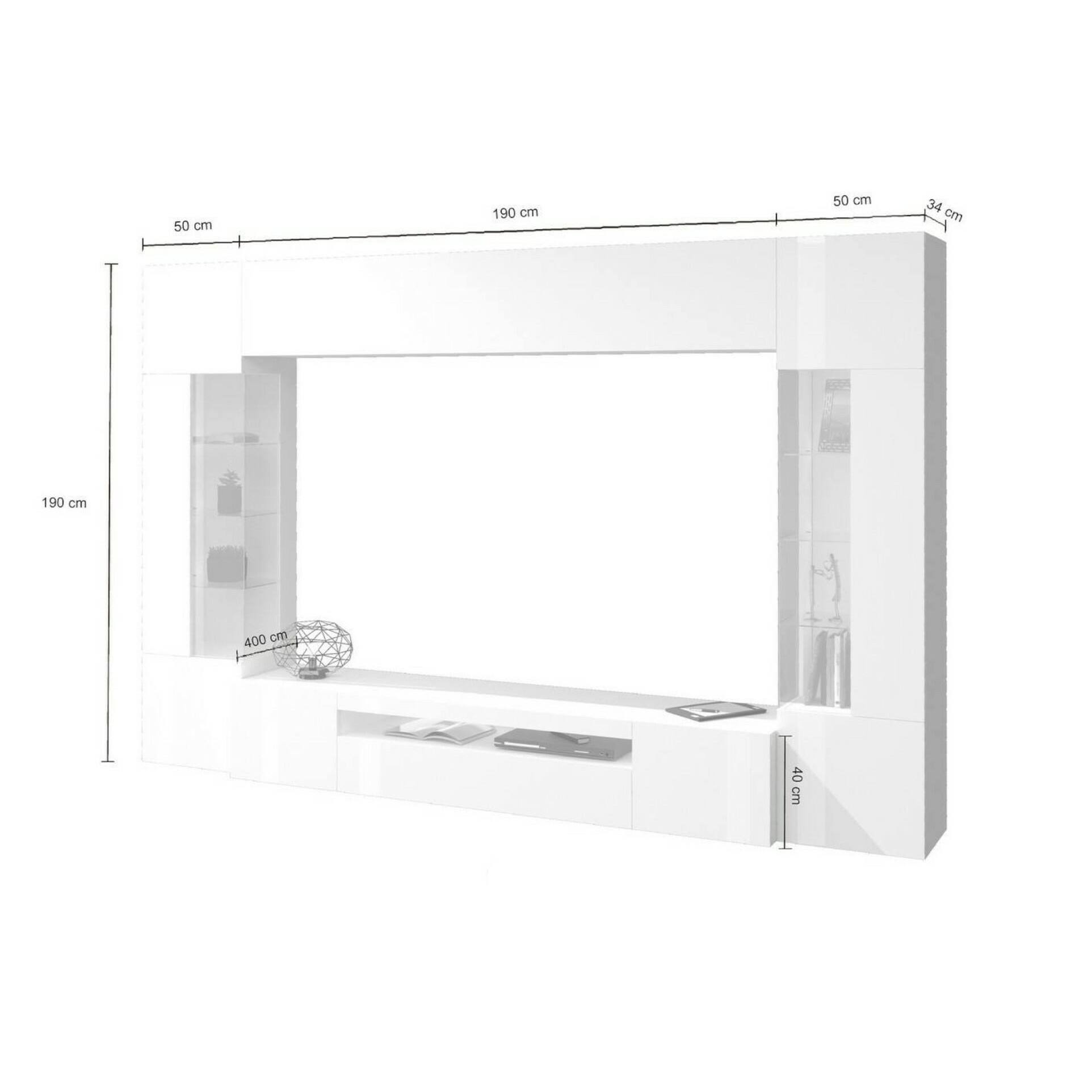 Parete attrezzata Clementino, Set salotto porta TV a 6 ante, Mobile soggiorno multiuso con luce LED, 100% Made in Italy, cm 290x40h191, Bianco lucido