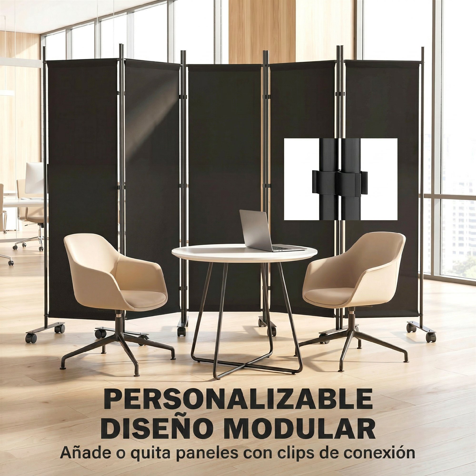 Biombo Plegable de 5 Paneles con 12 Ruedas, 252x170 cm, Biombo Separador de Ambientes con Clips de Conexión para Montaje Personalizado, para Salón u Oficina, Negro