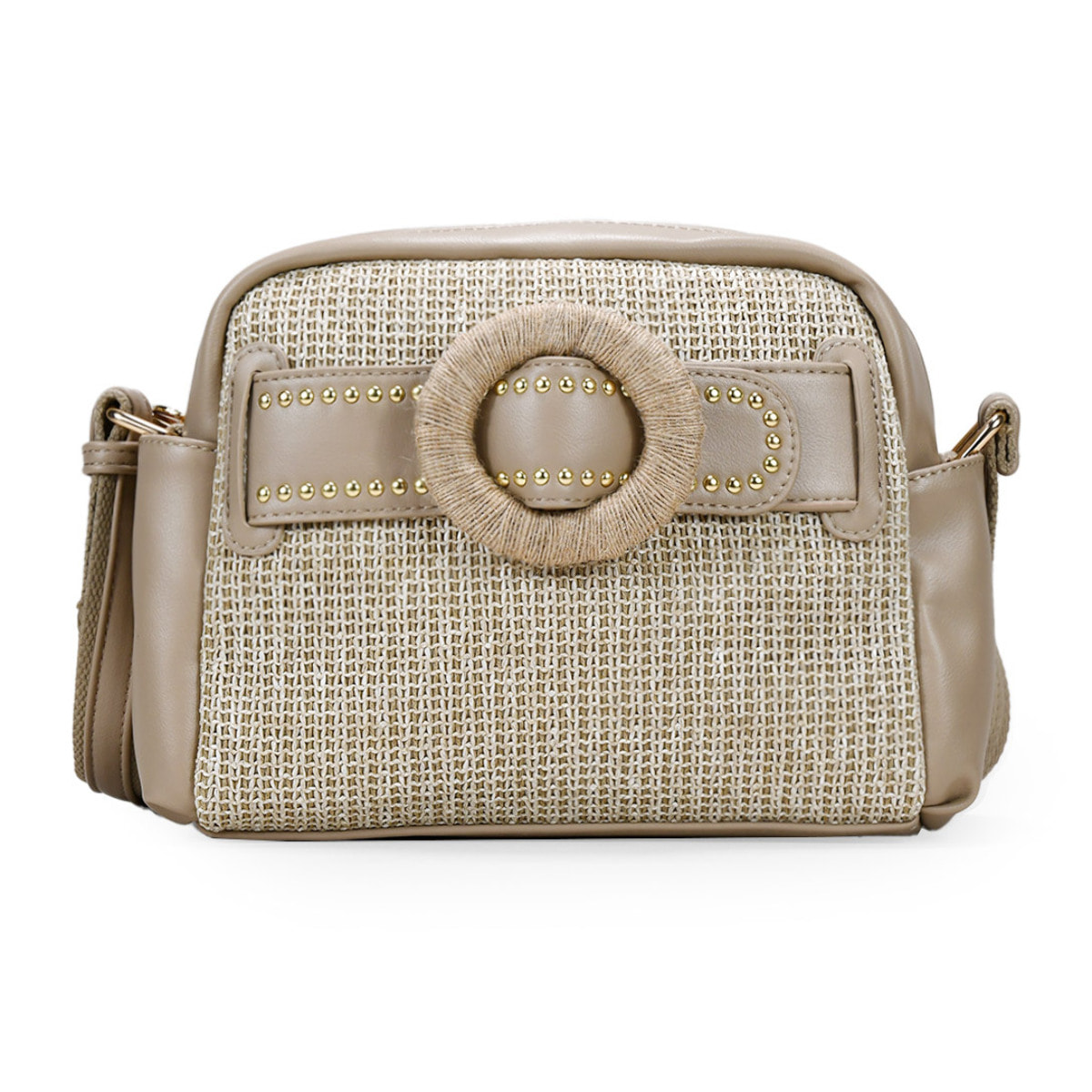 Bolso bandolera beige con cinturón y cremallera