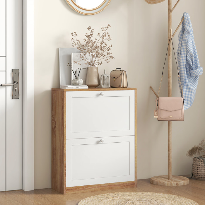 Meuble à chaussures 2 portes abattants étagères réglables dim. 60x24x75cm blanc effet bois clair