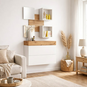 Mobile Ingresso Moderno Con 2 Specchi Vani A Giorno E Base Con Ante E Cassetto Design Elegante Salvaspazio 100 x 170 x 30 Cm Bianco E Rovere