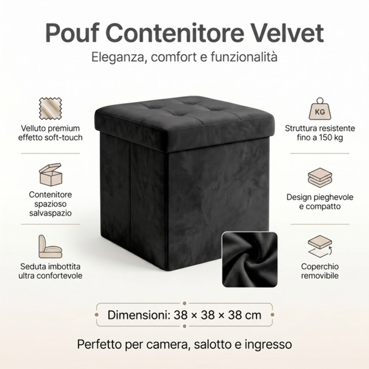 Pouf contenitore in velluto 38x38x38 cm, cubo imbottito con vano interno, seduta elegante effetto velvet trapuntato, resistente fino a 150 kg, salvaspazio ideale per camera soggiorno ingresso e cameretta