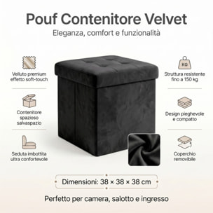 Pouf contenitore in velluto 38x38x38 cm, cubo imbottito con vano interno, seduta elegante effetto velvet trapuntato, resistente fino a 150 kg, salvaspazio ideale per camera soggiorno ingresso e cameretta