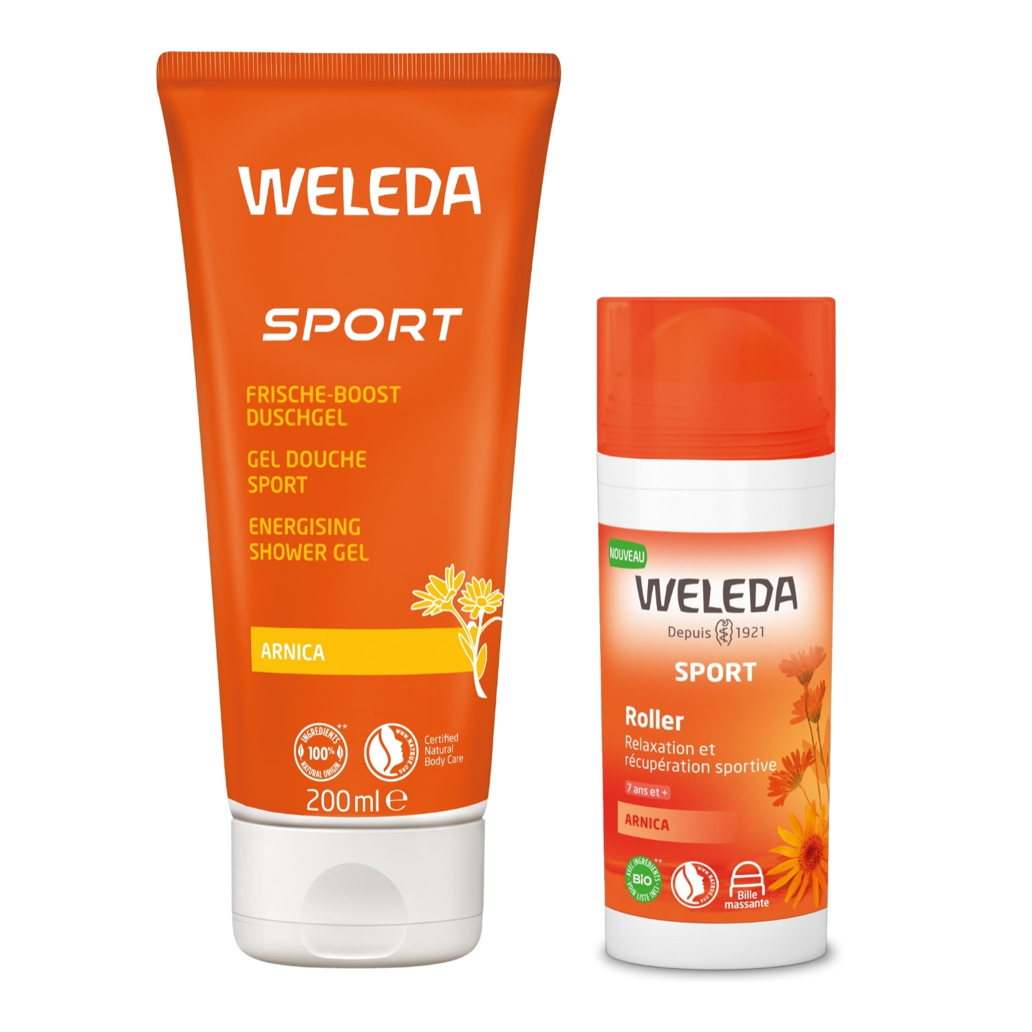 WELEDA - Pack Nomade - Gel Douche Sport Arnica + Roller Arnica - Nettoie, raffraîchit et relaxe - Après l'effort - Vegan* - Certifié Natrue** - Tube 200ml + Roll-on 75ml