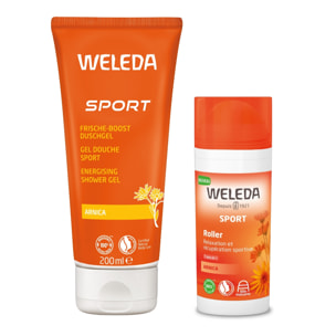 WELEDA - Pack Nomade - Gel Douche Sport Arnica + Roller Arnica - Nettoie, raffraîchit et relaxe - Après l'effort - Vegan* - Certifié Natrue** - Tube 200ml + Roll-on 75ml
