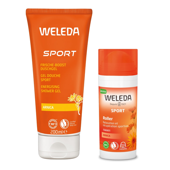 WELEDA - Pack Nomade - Gel Douche Sport Arnica + Roller Arnica - Nettoie, raffraîchit et relaxe - Après l'effort - Vegan* - Certifié Natrue** - Tube 200ml + Roll-on 75ml