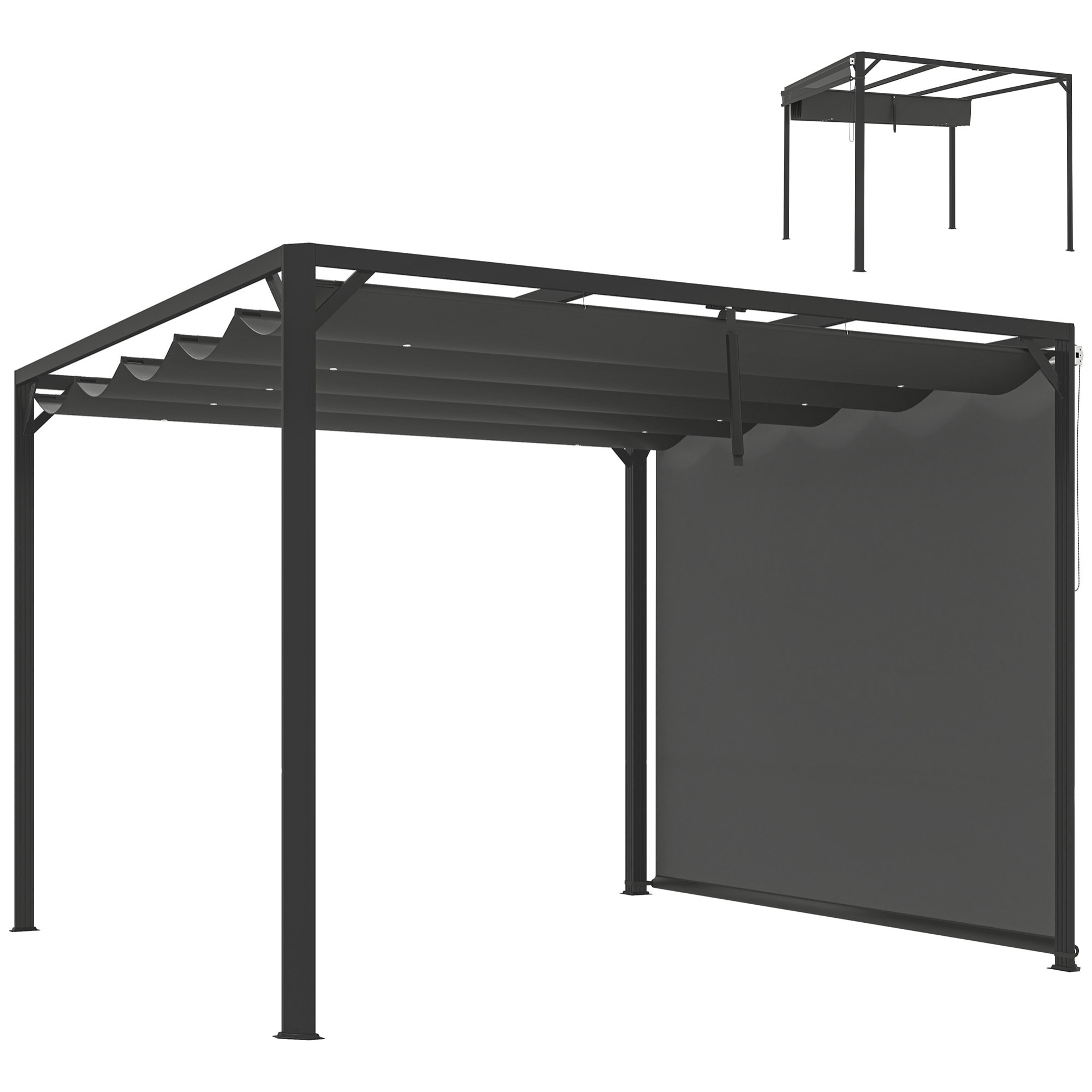 Pérgola de Jardín 3x3 m con Techo Retráctil y Pared Lateral Enrollable, Cenador de Jardín con Estructura de Aluminio, UPF30+, Pabellón para Exterior, Patio, Terraza, Gris Oscuro