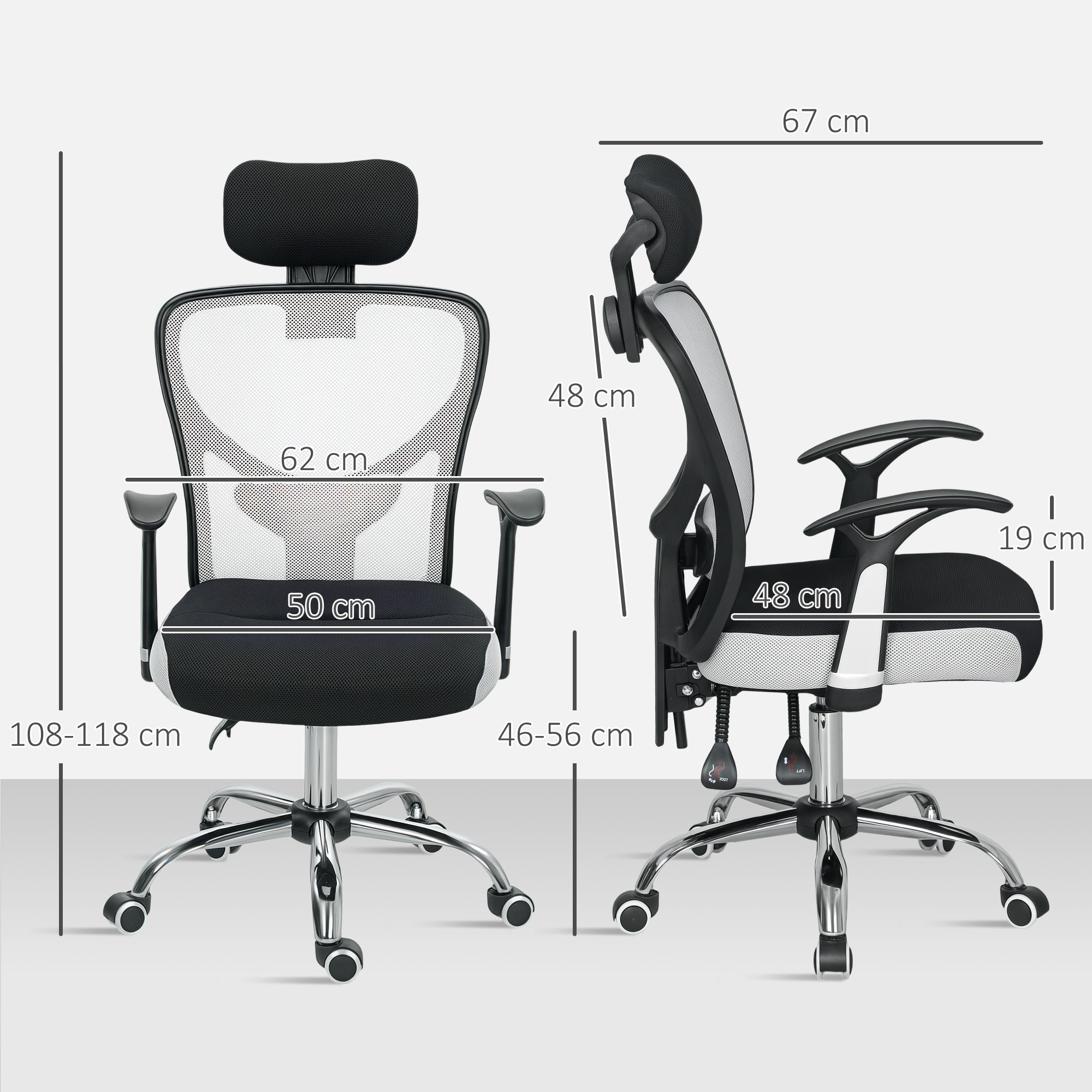 Silla de Escritorio Giratoria Silla de Oficina con Altura Ajustable Respaldo Reclinable Reposacabezas Regulable y Soporte Lumbar Tapizado en Malla Transpirable Gris