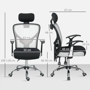 Silla de Escritorio Giratoria Silla de Oficina con Altura Ajustable Respaldo Reclinable Reposacabezas Regulable y Soporte Lumbar Tapizado en Malla Transpirable Gris