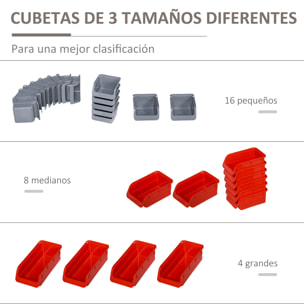 Organizador de Herramientas de Pared de 44 Piezas 95x54 cm Estantería de Pared para Herramientas con 28 Cajas Apilables y Diferentes Ganchos Gris y Rojo