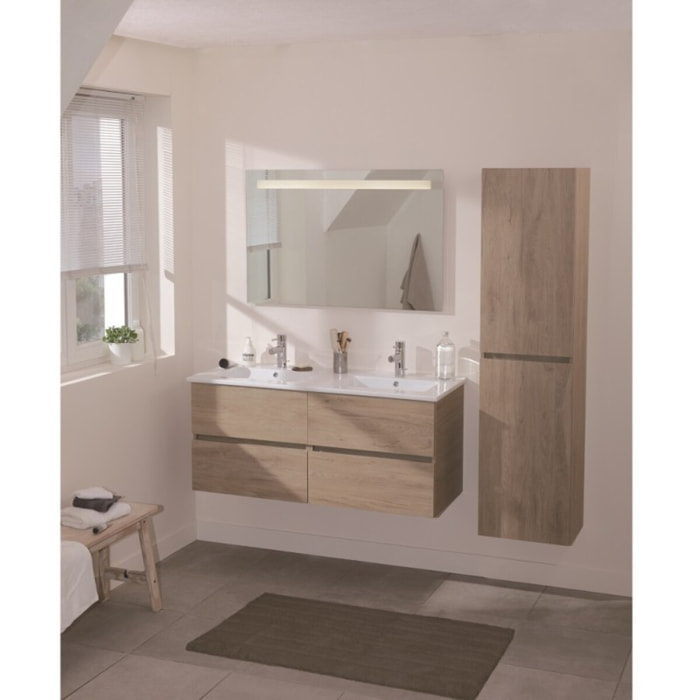 Meuble double vasque 120 cm Tolbiac chêne + miroir led