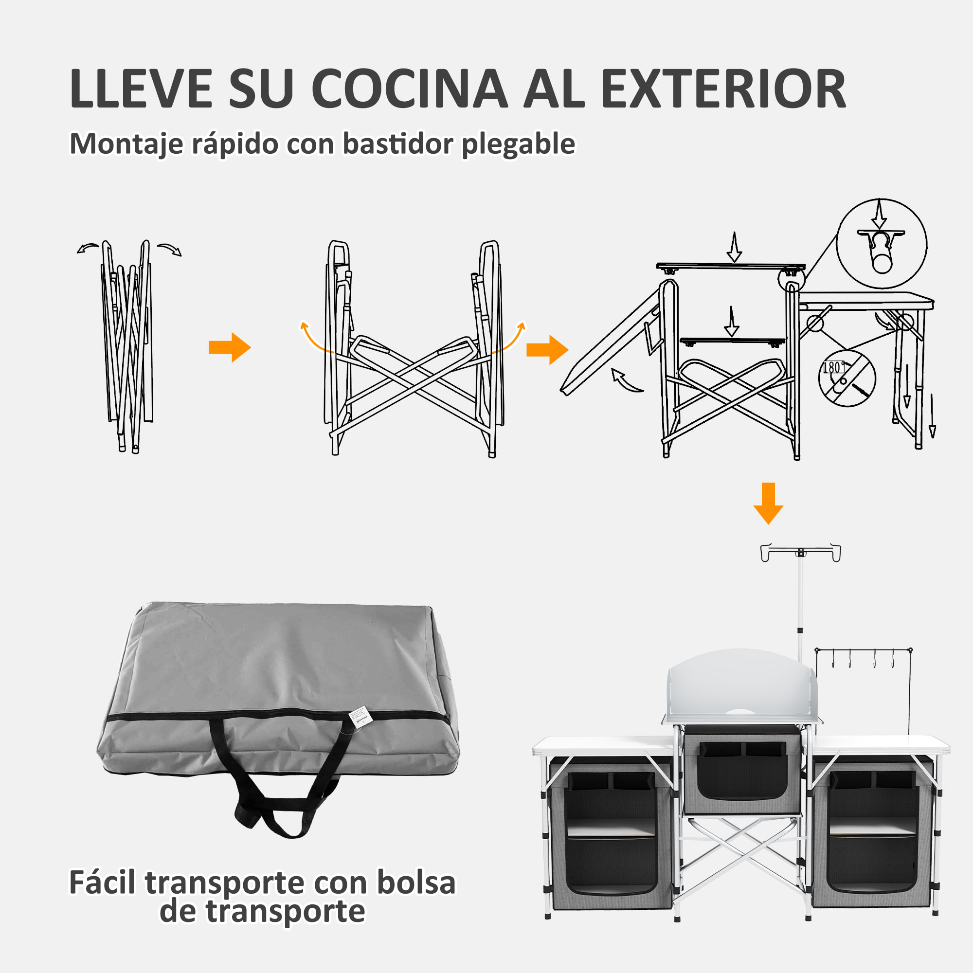 Mueble de Cocina para Camping Armario para Camping Plegable con 3 Mesas 2 Armarios 4 Ganchos Poste de Luz Elevable y Bolsa de Transporte para Acampada Picnic 172x48x119 cm Gris