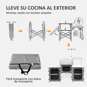 Mueble de Cocina para Camping Armario para Camping Plegable con 3 Mesas 2 Armarios 4 Ganchos Poste de Luz Elevable y Bolsa de Transporte para Acampada Picnic 172x48x119 cm Gris