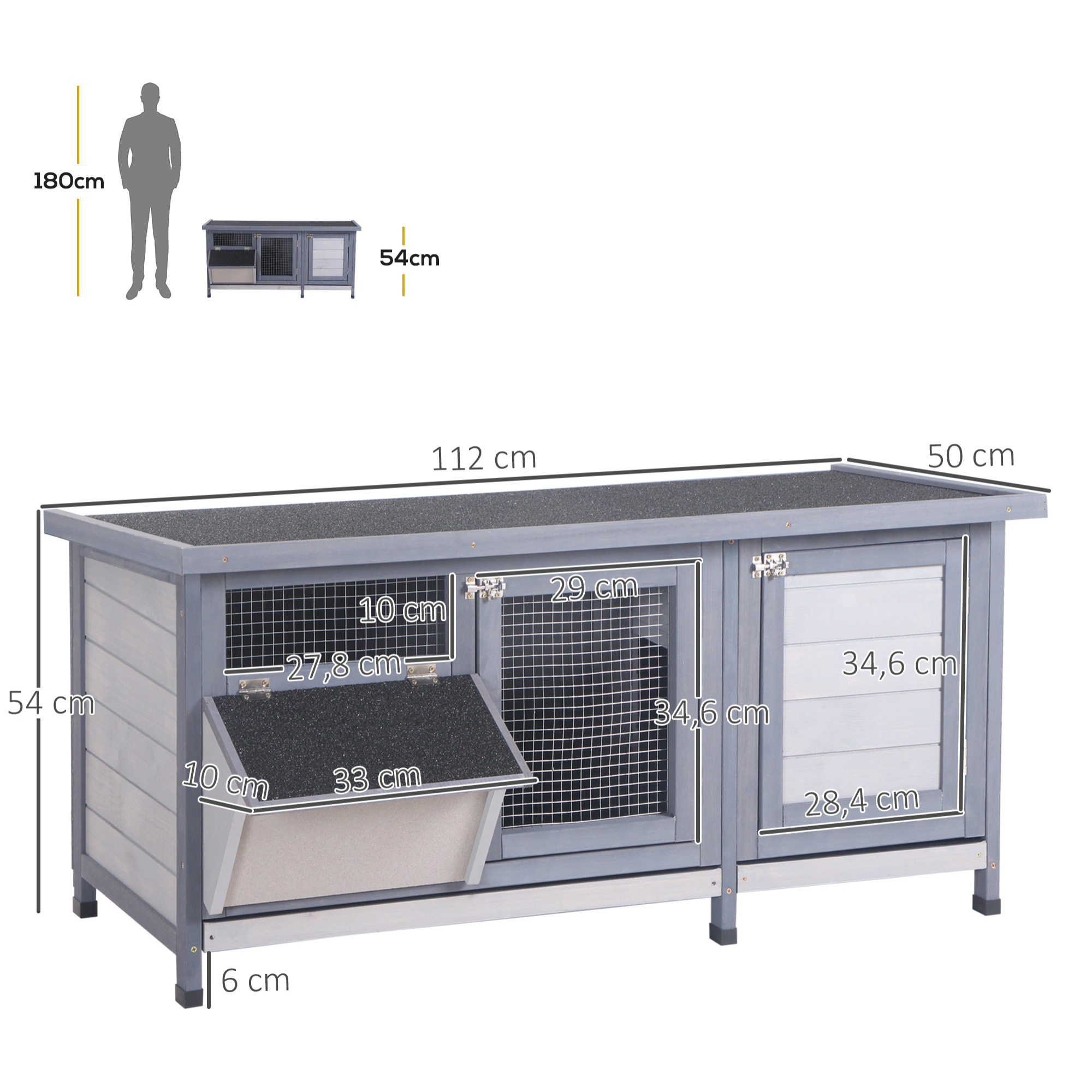 Conejera de Madera, Jaula para Conejos con Techo Asfáltico Abatible, Puertas con Pestillo, Bandejas Extraíbles y Comedero, Conejera para Exterior, 112x50x54 cm, Gris