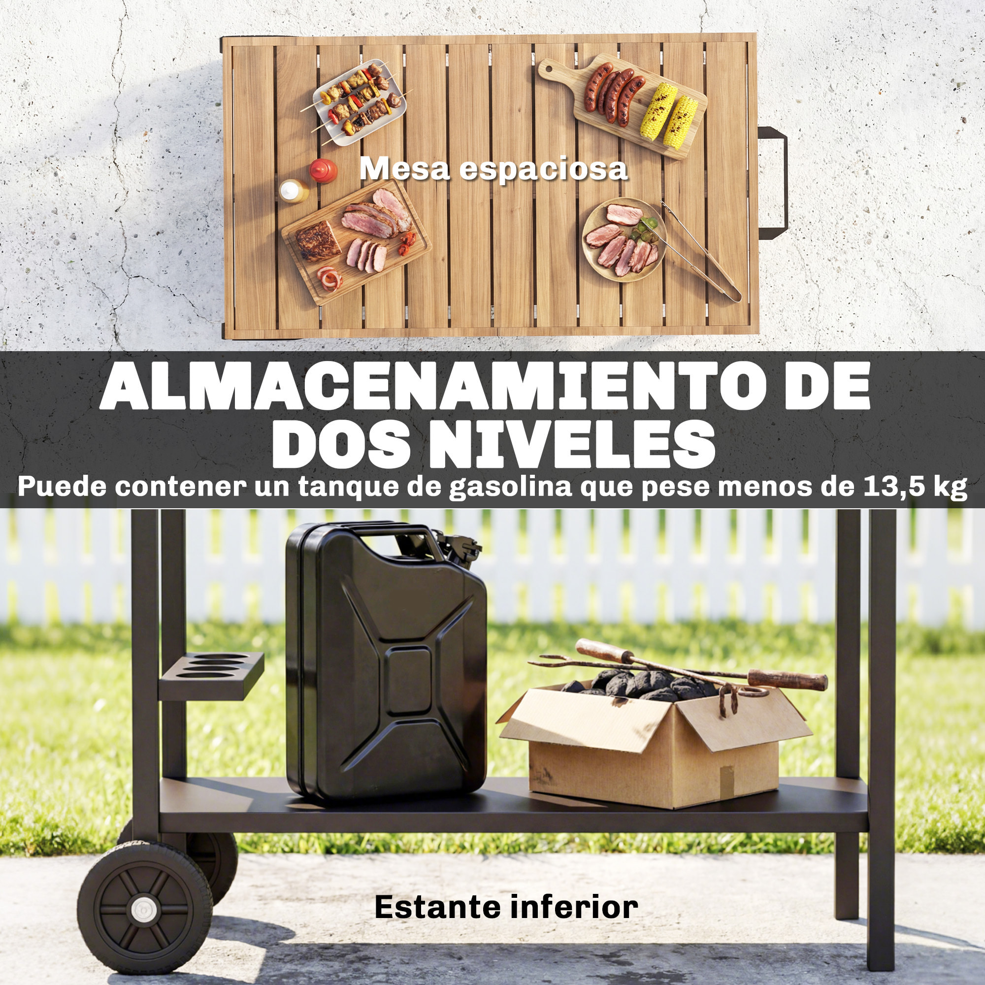 Carrito de Barbacoa de 2 Niveles Mesa Auxiliar para Barbacoa Móvil con Ruedas Portabebidas Ganchos Asa Encimera Imitación madera Mesa de Horno de Pizza para Exterior Negro y Marrón