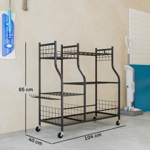 Organisateur d'outils de jardin - chariot de jardin - 11 crochets, 32 compartiments, 3 étagères - acier noir