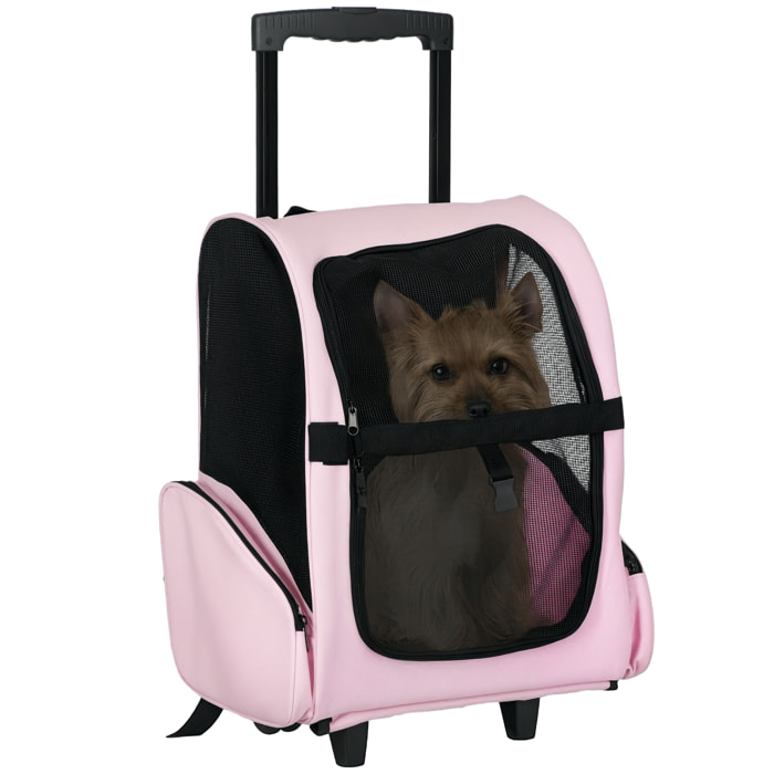 2 en 1 trolley chariot sac a dos sac de transport a roulettes pour chien chat rose