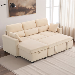 Canapé d'angle convertible velours côtelé avec coffre de rangement dim. 205x135x76cm beige