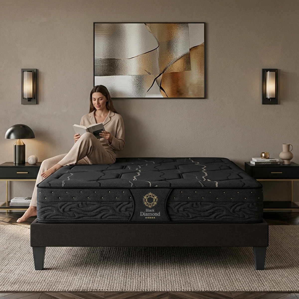 Ensemble Black Diamond 2 places | Ressorts + Accueil Memoire de forme avec sommier en bois