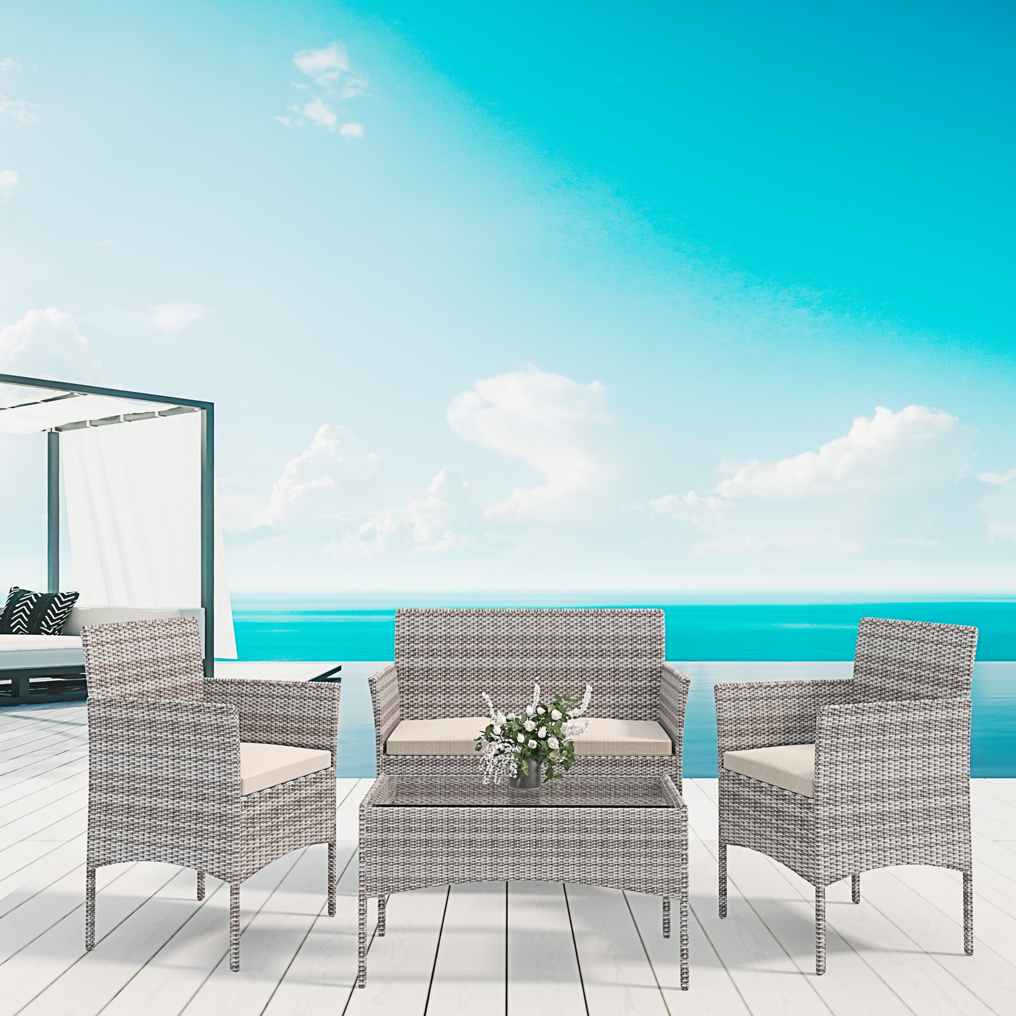 Set Di Mobili da Giardino Salotto Salottino in Rattan 4 Posti con Tavolino Ripiano In Vetro 2 Poltrone Divano 2 Posti Giardino Esterno Cuscini Grigio