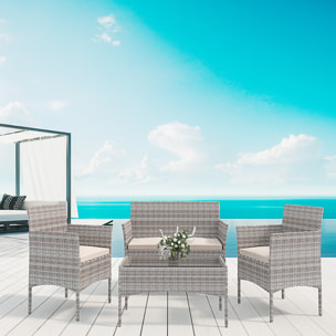 Set Di Mobili da Giardino Salotto Salottino in Rattan 4 Posti con Tavolino Ripiano In Vetro 2 Poltrone Divano 2 Posti Giardino Esterno Cuscini Grigio
