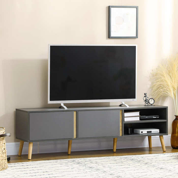 Meuble TV banc TV 2 portes 2 niches design scandinave panneaux particules gris aspect bois clair