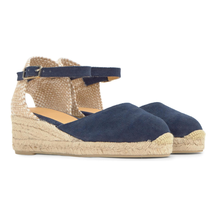 Alpargata con cuña 3 cm en lona de algodón con talonera trenzada y pulsera con hebilla