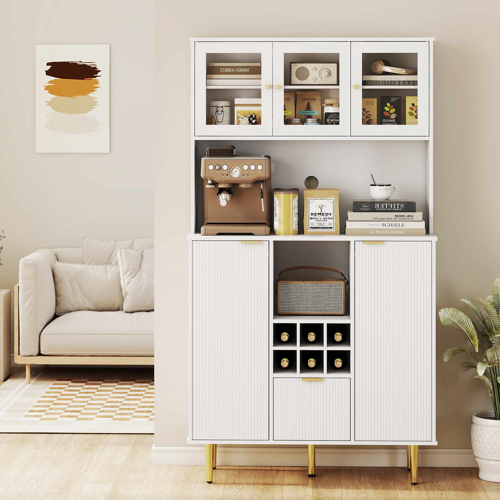 Alacena de Cocina Mueble Auxiliar de Cocina Aparador Alto con 3 Puertas de Vidrio Botellero Cajón Estantes Ajustables y Compartimentos Abiertos 100x40x180 cm Blanco