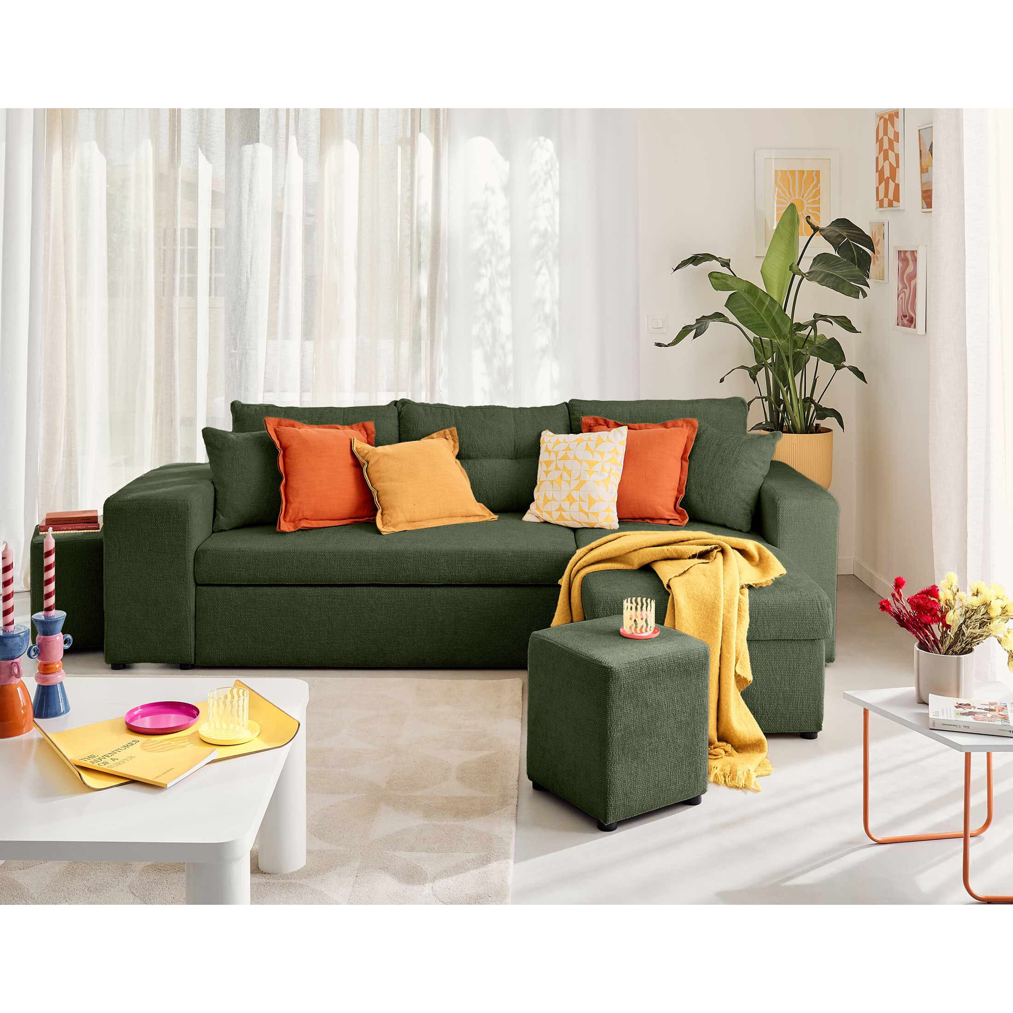 California - canapé d'angle réversible 4 places - convertible avec coffre, étagère et poufs - en velours texturé - Vert
