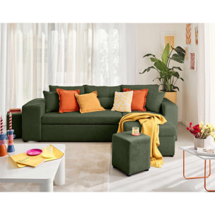 California - canapé d'angle réversible 4 places - convertible avec coffre, étagère et poufs - en velours texturé - Vert