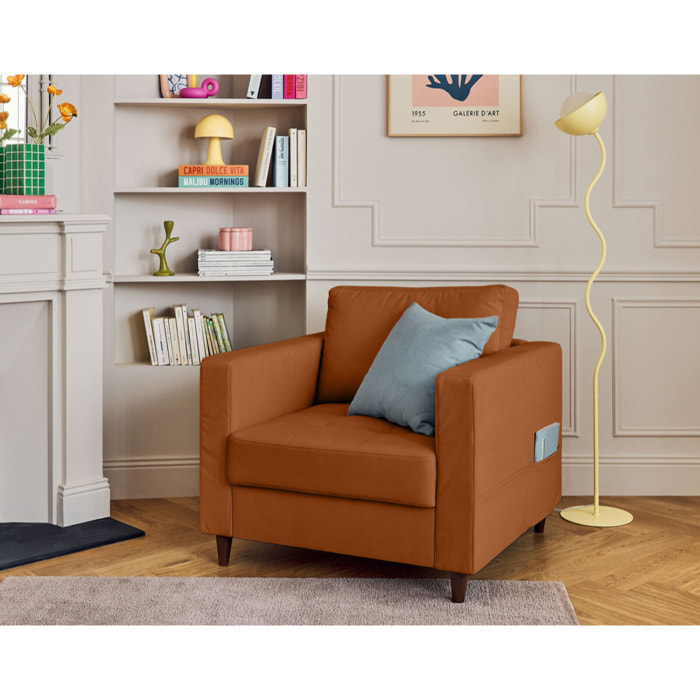 Anna - fauteuil avec poche en velours - pieds en bois - Rouille