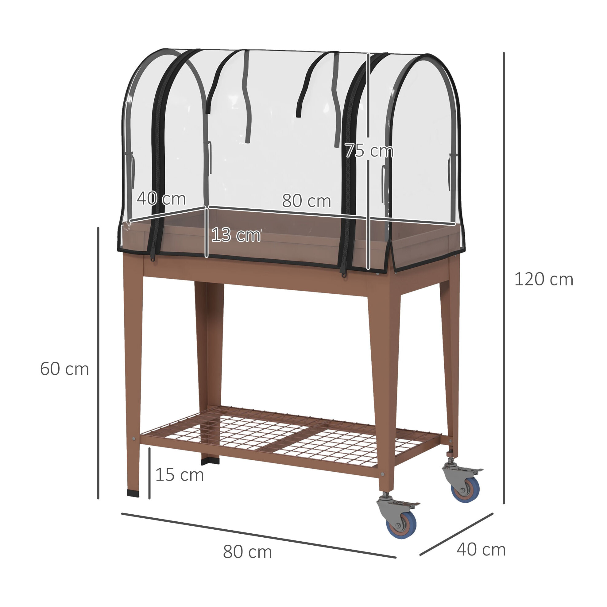 Mesa de Cultivo con Ruedas 80x40x120 cm Huerto Urbano Elevado con Cubierta de Invernadero y Estante Inferior para Cultivo Plantas Flores Verduras Marrón