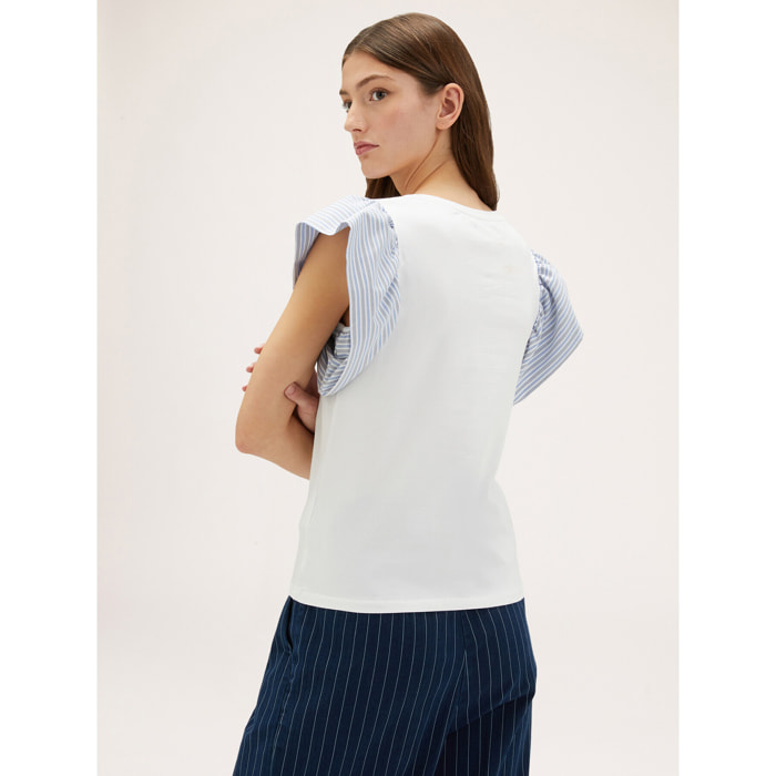 Motivi - Camiseta con mangas con volante de rayas - Blanco