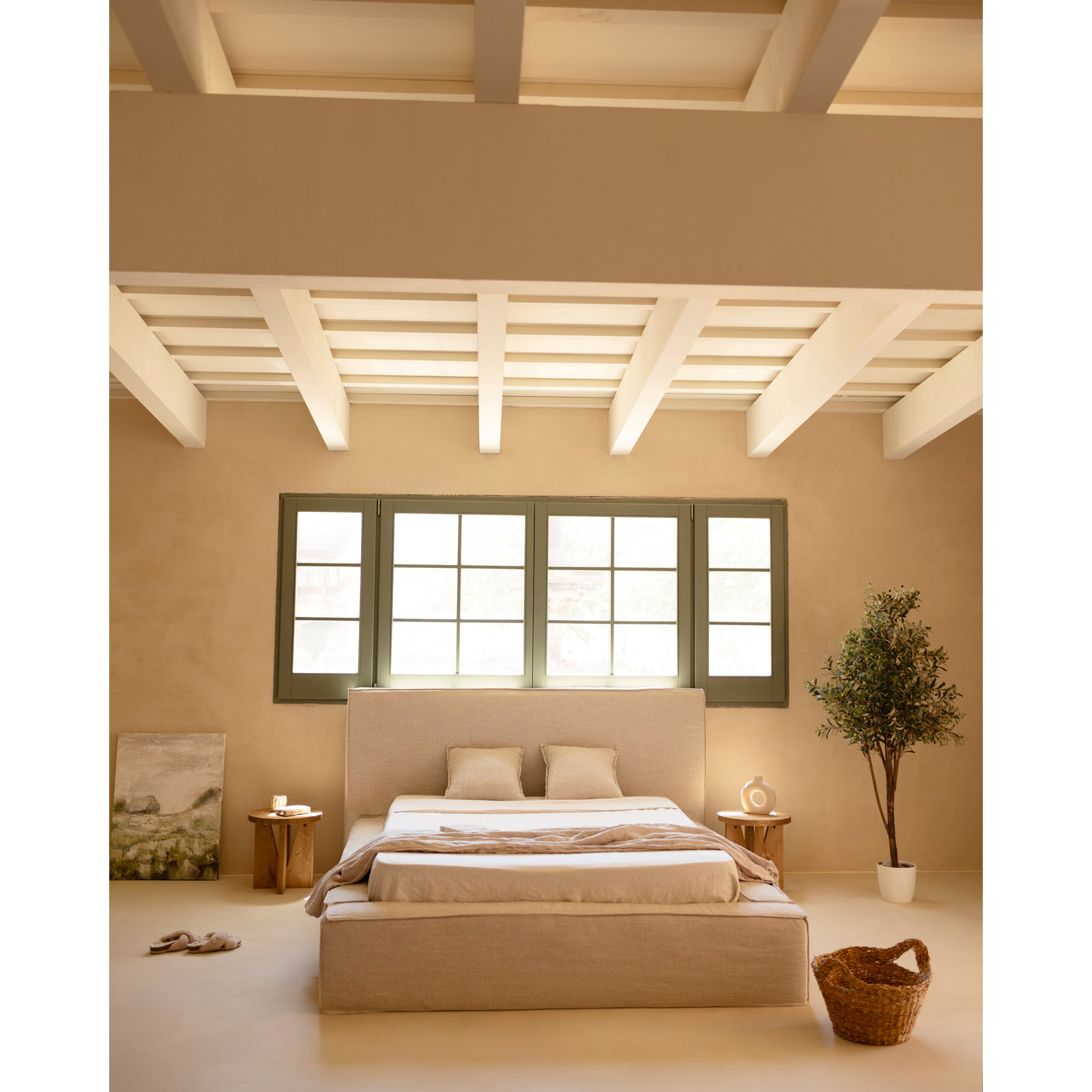 Lit déhoussable en lin beige pour les matelas en différentes tailles