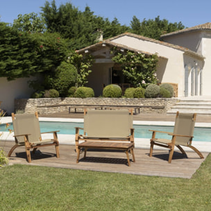 VICK - SALON DE JARDIN EN BOIS ACACIA 4 pers - 1 Canapé 2 places, 2 fauteuils et 1 table basse rectangulaire 100 x 50 cm