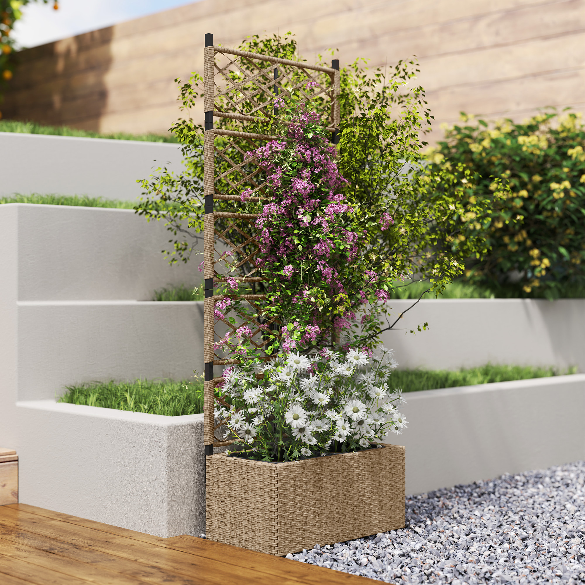 Jardinera con Enrejado de Ratán Jardinera Exterior Grande con Enrejado 2 Macetas Extraíbles para Plantas Trepadoras para Jardín Patio Terraza 57x30x150 cm Natural