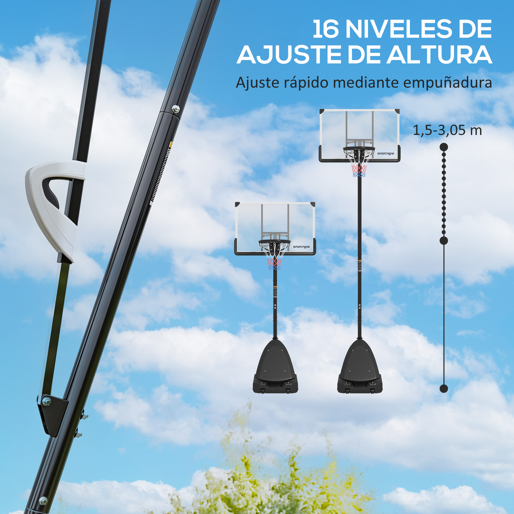 Canasta de Baloncesto para Exterior, Altura Ajustable de 16 Niveles, 150-305 cm, Canasta de Baloncesto Portátil con Ruedas, Base Rellenable y Sistema de Retorno, para Adultos y Adolescentes