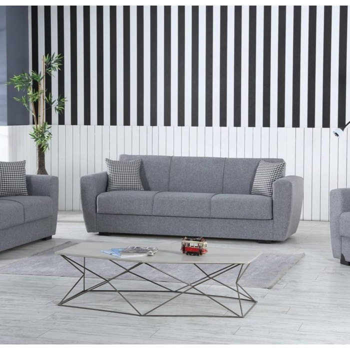 Divano letto Escobar, Divano letto contenitore a 3 posti lineare, Sofà da soggiorno in tessuto imbottito con apertura click-clack, 223x84xh80 cm, Grigio