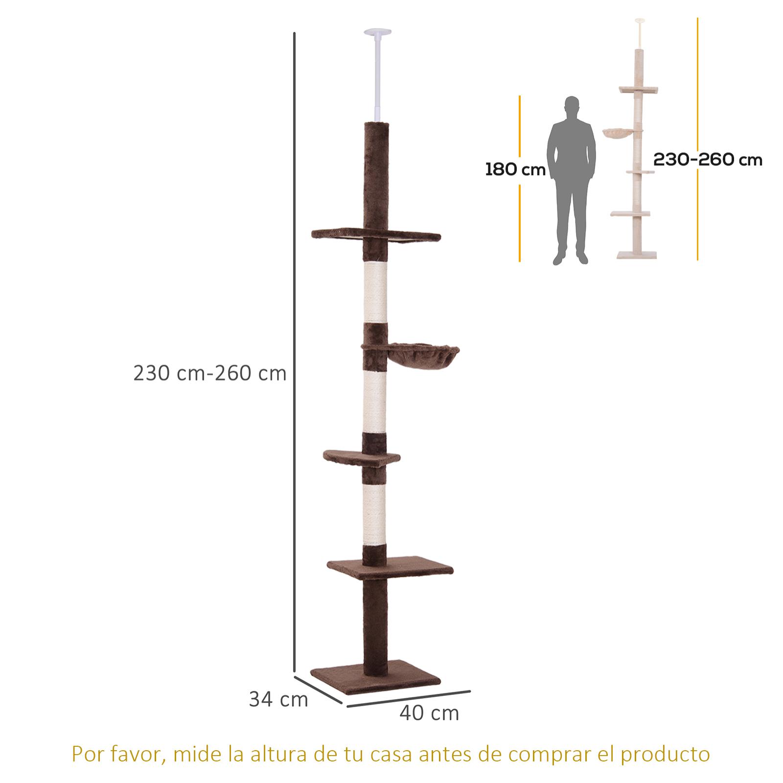 Árbol Rascador para Gatos Altura Ajustable 230-260 cm Hamaca Postes Sisal Marrón