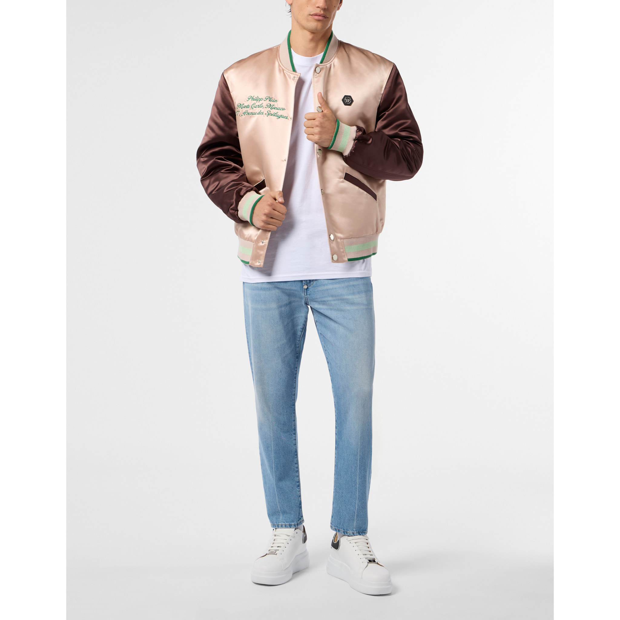 PHILIPP PLEIN Shiny Satin College Bomber Signature Monte Carlo
