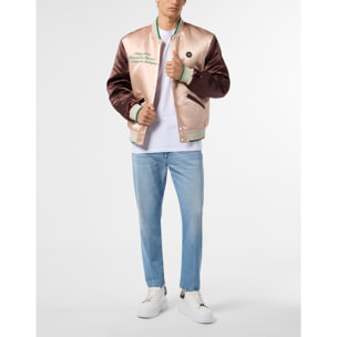 PHILIPP PLEIN Shiny Satin College Bomber Signature Monte Carlo