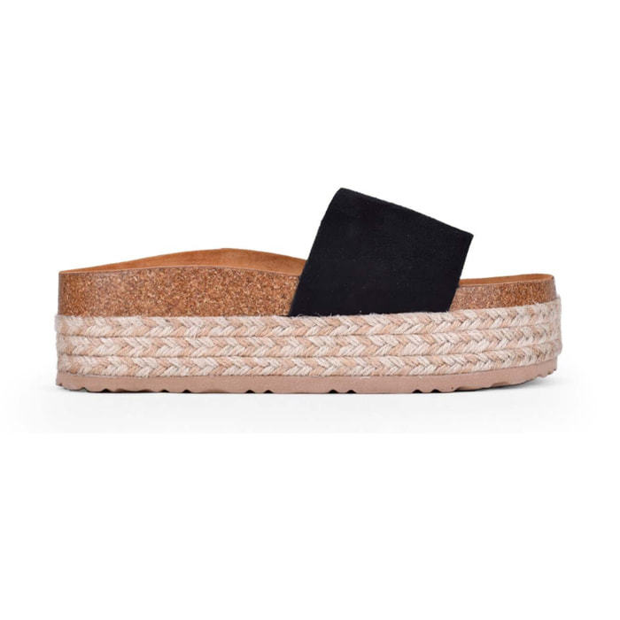 Sandalias de plataforma negras con suela de esparto bicolor